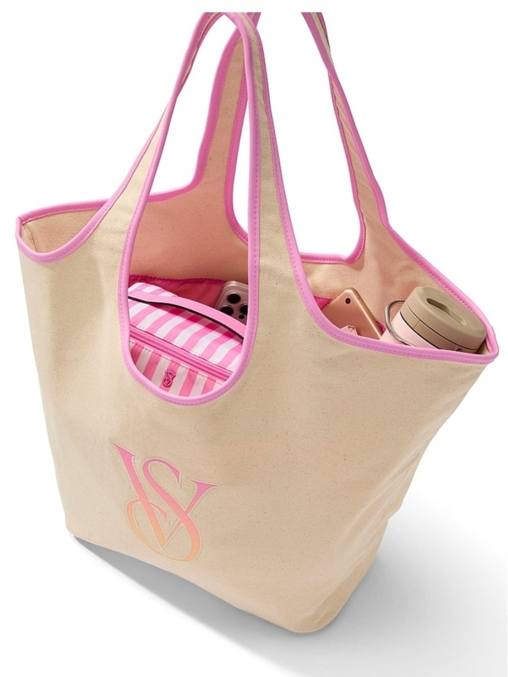 Victoria's Secret Cream Canvas Tote with Pink Trim
